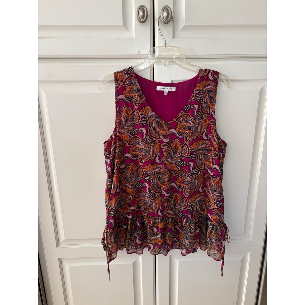 Rose + Olive Magenta Pink Paisley Peplum Sleeveless V-Neck Blouse Top Womens Med